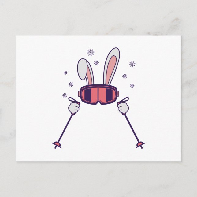 Postal Conejo de esquí con bastones de esquí y gafas de e (Anverso)