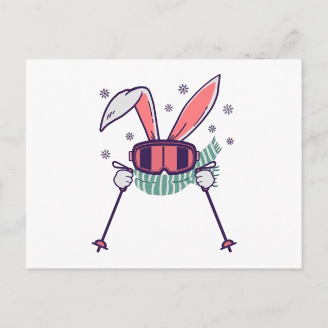Postal Conejo de esquí con polos de esquí, gafas de esquí (Anverso)