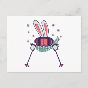 Postal Conejo de esquí con polos de esquí, gafas de esquí