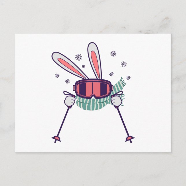 Postal Conejo de esquí con polos de esquí, gafas de esquí (Anverso)