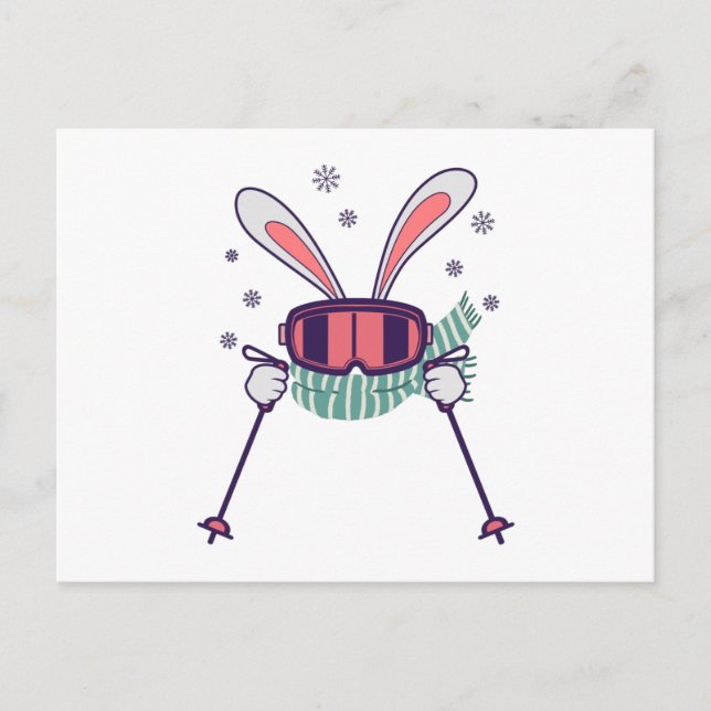 Postal Conejo de esquí con polos de esquí, gafas de esquí (Anverso)