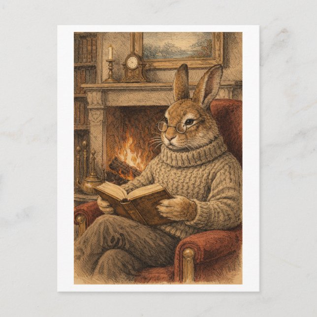 Postal Conejo de estilo vintage leyendo un libro (Anverso)