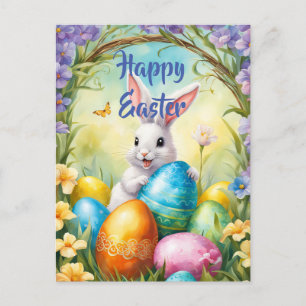 Postal Conejo de Pascua Blanco con Huevos Coloridos
