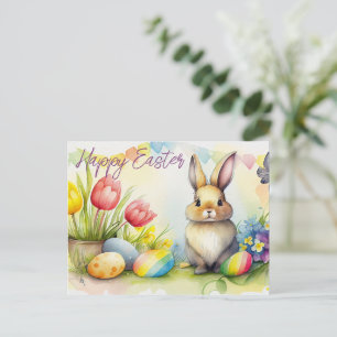 Postal Conejo de Pascua con huevos de Pascua