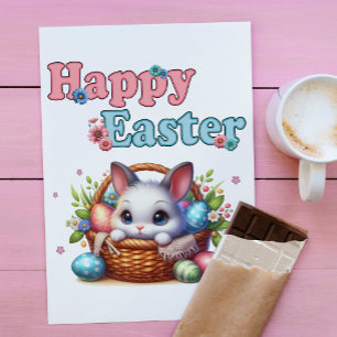 Postal Conejo de Pascua con huevos y flores