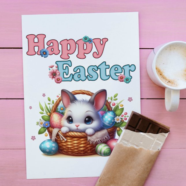 Postal Conejo de Pascua con huevos y flores (Cute Easter Bunny in Basket with Eggs and Flowers. Postcard)