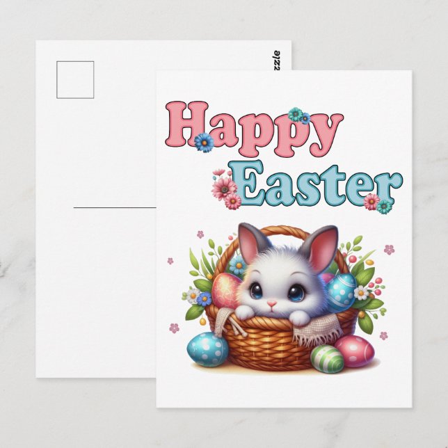 Postal Conejo de Pascua con huevos y flores (Anverso / Reverso)