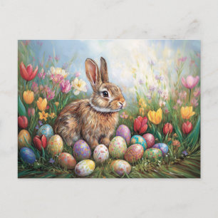 Postal Conejo de Pascua con pintura de Tulipanes colorido