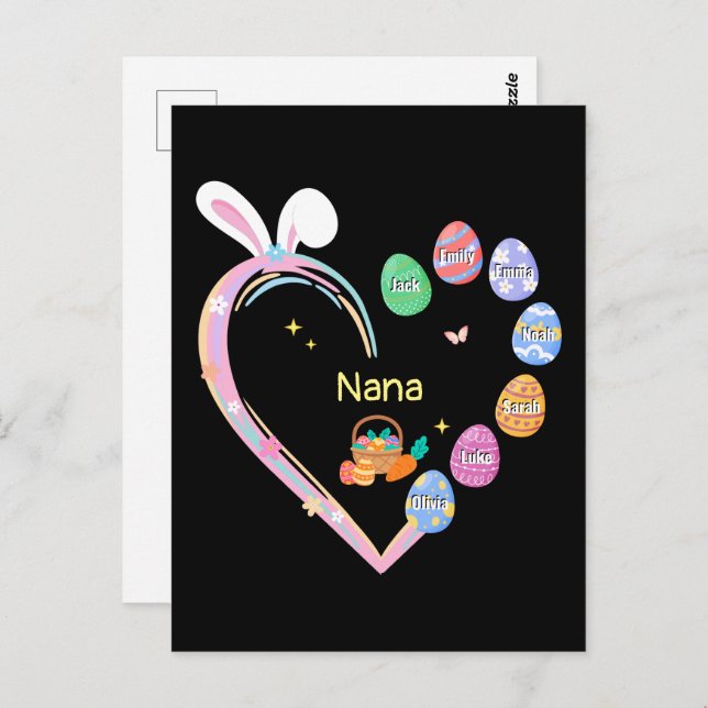 Postal Conejo de Pascua Corazón Huevo Huevo de Pascua Nom (Anverso / Reverso)