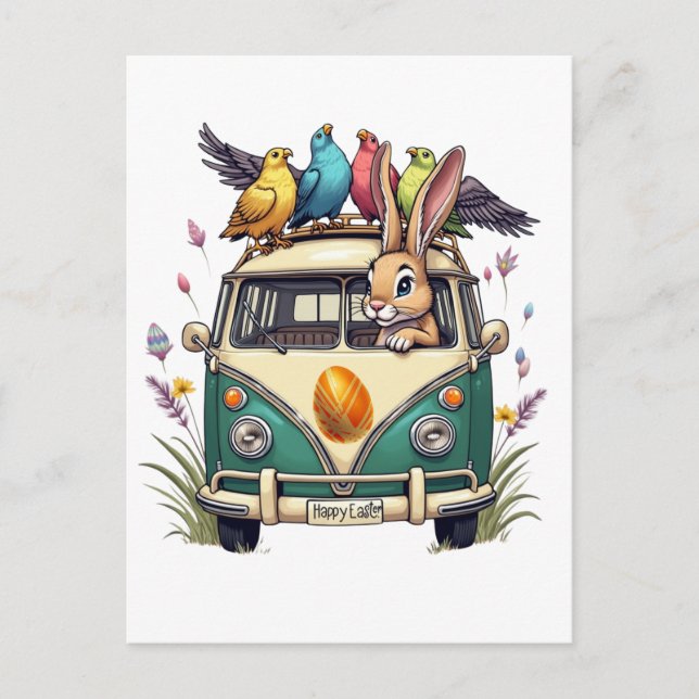 Postal Conejo de Pascua en bus con amigos de aves - Ce de (Anverso)