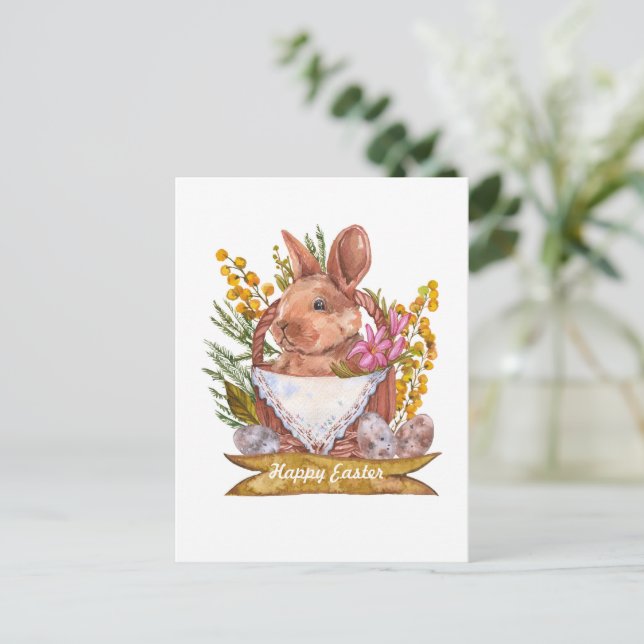 Postal Conejo de Pascua en una canasta (Anverso de pie)
