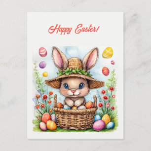 Postal Conejo de Pascua en una canasta de huevos pintados