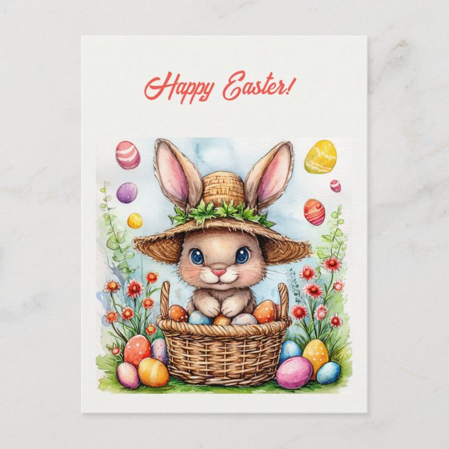 Postal Conejo de Pascua en una canasta de huevos pintados (Anverso)