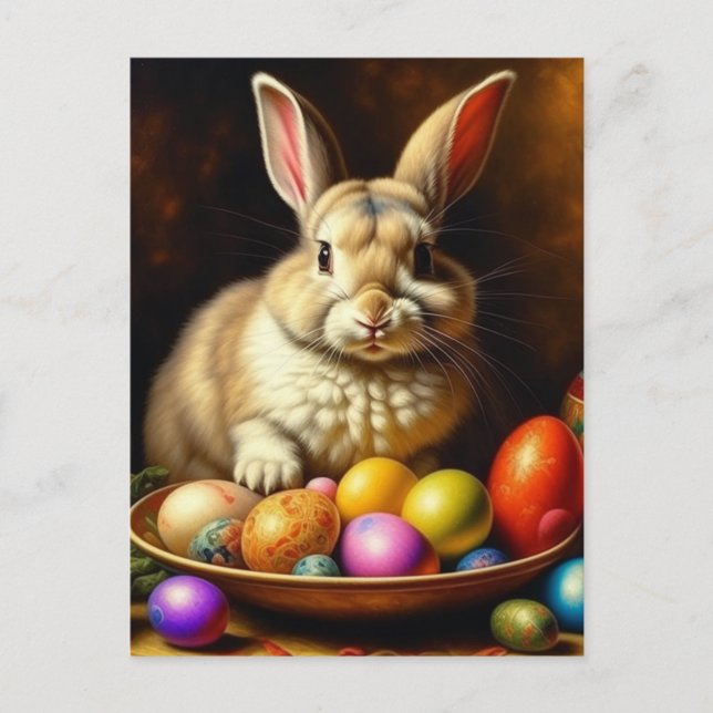 Postal Conejo de Pascua marrón barroco con huevos (Anverso)