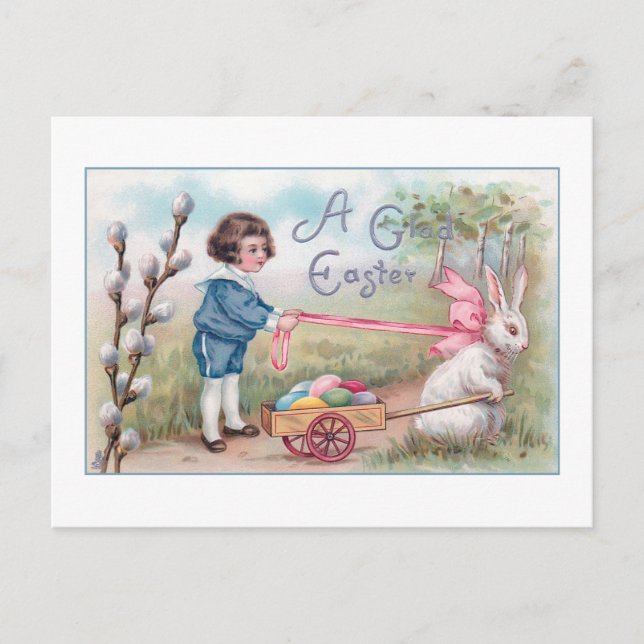Postal Conejo de Pascua, niño, huevo en carreta (Anverso)