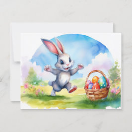 Postal Conejo de Pascua y Cesta de Huevos