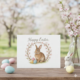 Postal Conejo de Pascua y corona de flor de cerezo 