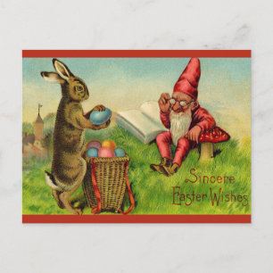 Postal Conejo de Pascua y gnomo vintage