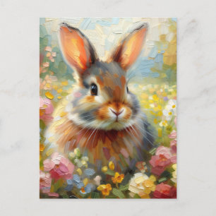 Postal Conejo en campo floral Arte de primavera