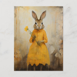 Postal Conejo en un vestido amarillo con una flor amarill
