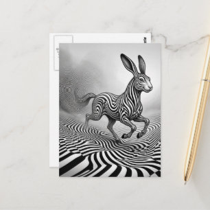 Postal Conejo fantástico caballo criatura arte Op negro y