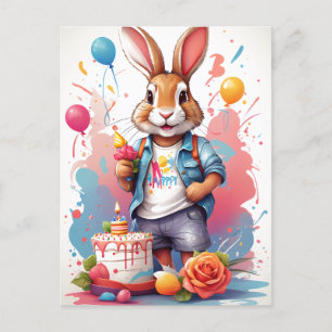 Postal Conejo Feliz con Tarta   