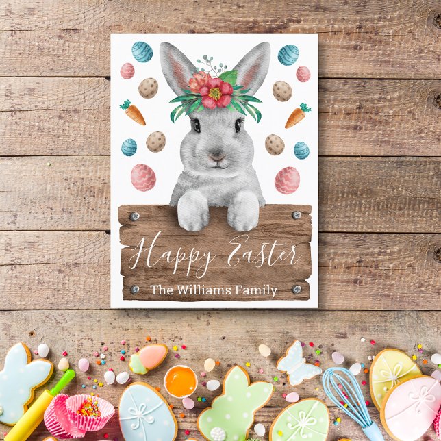 Postal conejo feliz de Pascua con signo de madera y huevo (Subido por el creador)