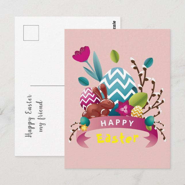 Postal Conejo feliz de Pascua, diseño de huevos (Anverso / Reverso)