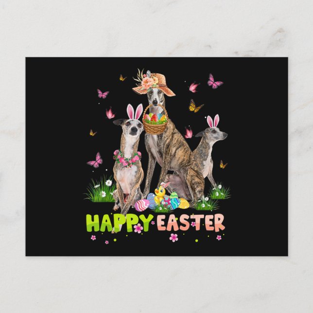 Postal Conejo Feliz Pascua Whippet Huevos Regalo Pascua N (Anverso)