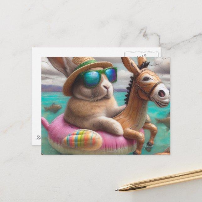 Postal Conejo gracioso en un burro flotaba arte digital (Anverso/Reverso In Situ)