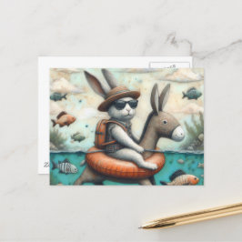 Postal Conejo gracioso en un burro flotaba arte digital