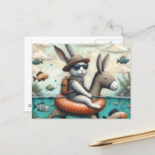 Postal Conejo gracioso en un burro flotaba arte digital