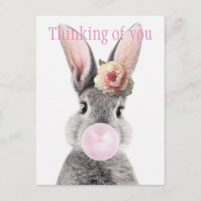Postal Conejo gris soplando chicle con flor de anémona (Anverso)