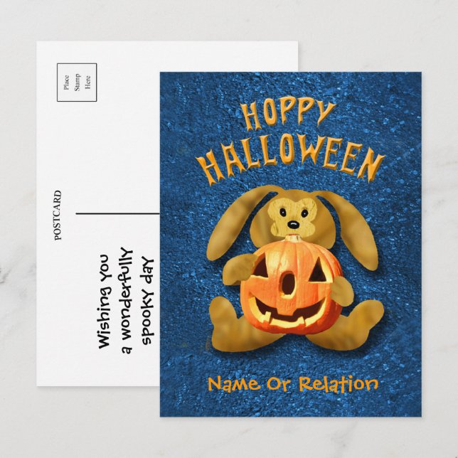 Postal Conejo Hoppy Halloween con Jack-o-Lantern (Anverso / Reverso)