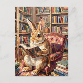 Postal Conejo leyendo un libro en una habitación acogedor