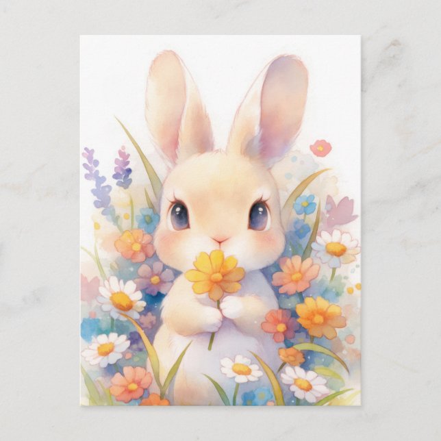 Postal Conejo Marrón Dulce Sosteniendo Flor Amarilla (Anverso)