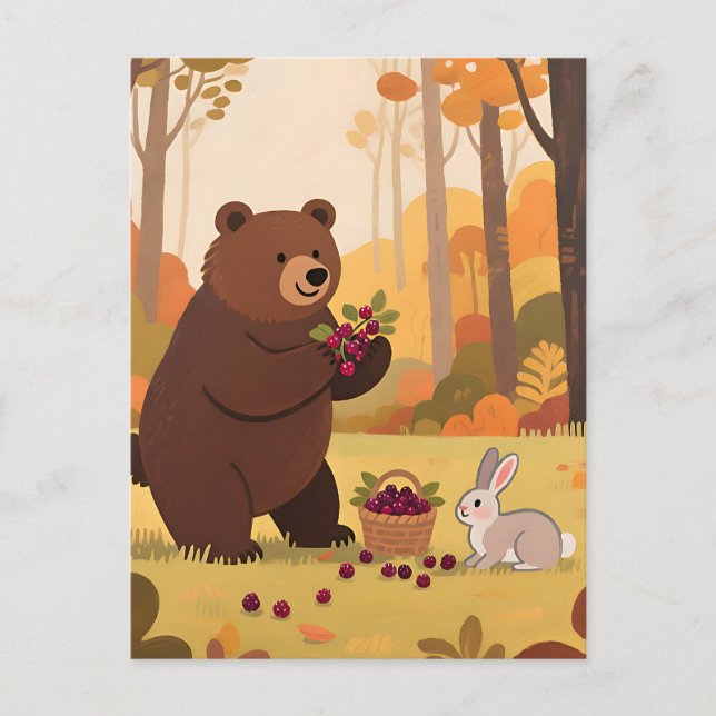Postal Conejo Oso del Bosque Otoñal (Anverso)
