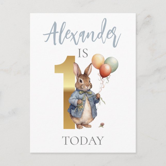 Postal Conejo personalizado con globos Cumpleaños primero (Anverso)