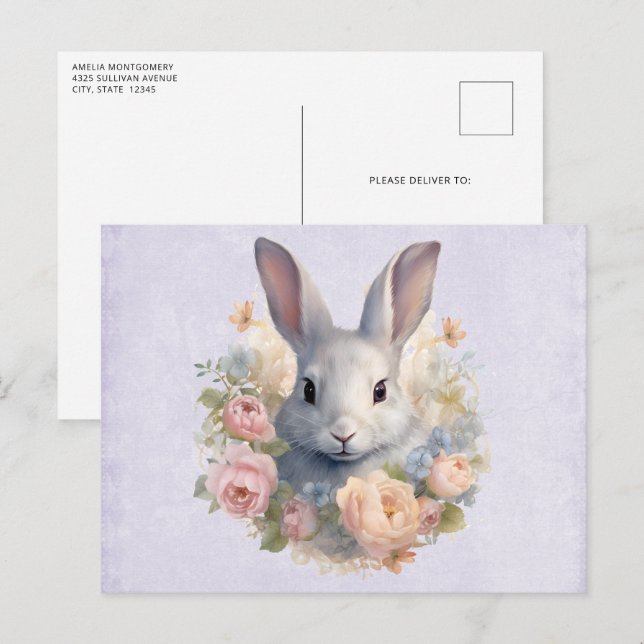 Postal Conejo rodeado de flores pastel adorable (Anverso / Reverso)