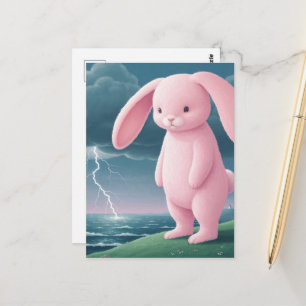 Postal Conejo Rosa Gigante en una Tormenta Eléctrica