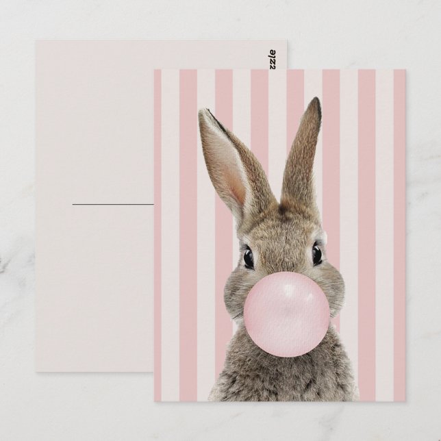 Postal Conejo soplando chicle con rayas de bastón de cara (Anverso / Reverso)