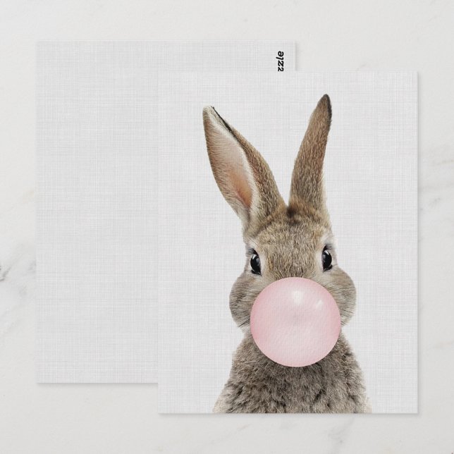 Postal Conejo soplando chicle gris lino (Anverso / Reverso)