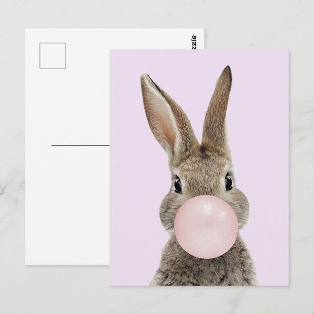Postal Conejo soplando chicle rosa (Anverso / Reverso)
