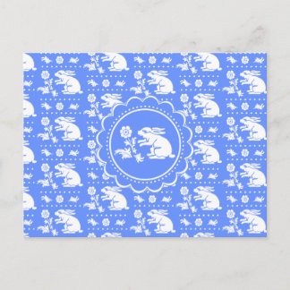 Postal Conejo Vintage con Flor Azul y Blanco