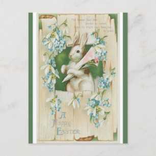 Postal Conejo Vintage De Pascua Con Flores Azules