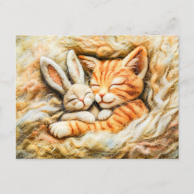 Postal Conejo y gato durmiendo en la lana hecha con tecno (Anverso)