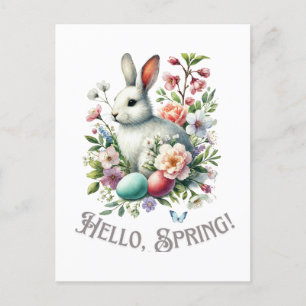 Postal Conejo y huevos de color de agua de Pascua