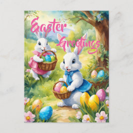 Postal Conejos blancos de Pascua con huevos coloridos