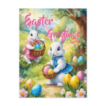 Conejos blancos de Pascua con huevos coloridos