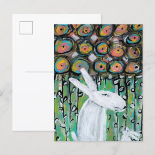 Postal Conejos blancos y flores